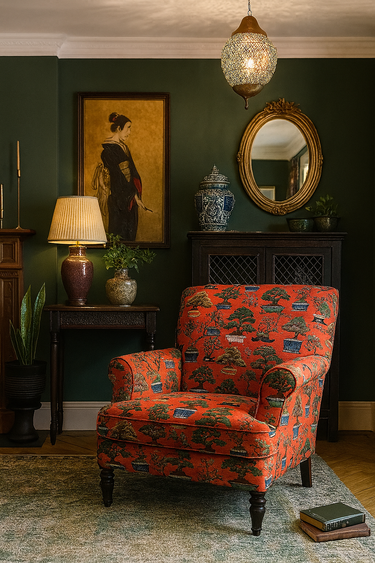 Upholstered chair in vibrant Japanese botanical cotton